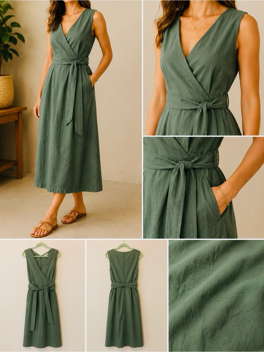 Great Plains of London Sleeveless Khaki Green Dress Pockets Attached Belt 12 - Picture 1 of 5